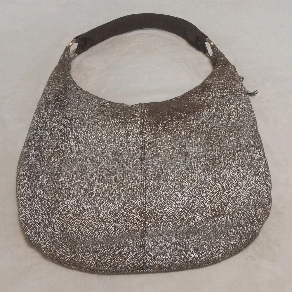 Hobo International Brown & Cream Stingray Print Glazed Leather Shoulder Handbag